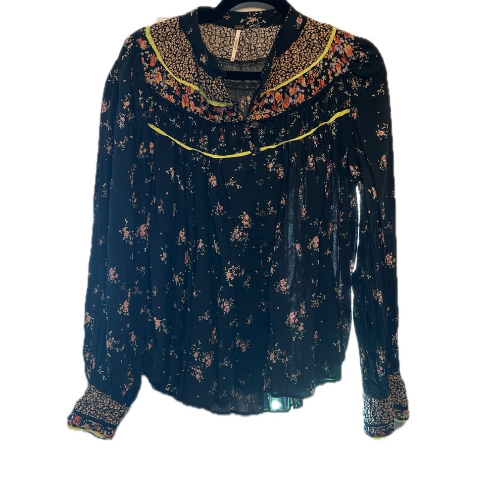 Free People Black Floral Blouse with Yellow Accents